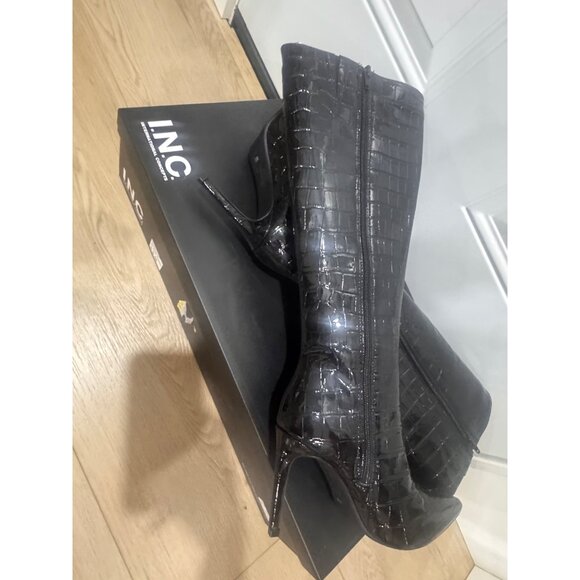 INC Sabrinaa Black Faux Croc Knee-High Stiletto Boots With Side Zipper - Womens - Picture 6 of 7